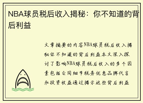 NBA球员税后收入揭秘：你不知道的背后利益
