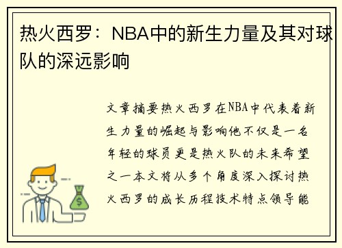 热火西罗：NBA中的新生力量及其对球队的深远影响